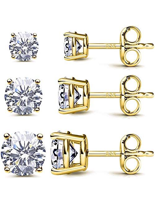 CZ Stud Earrings 925 Sterling Silver 18K Gold Plated Round Cubic Zirconia Hypoallergenic Set