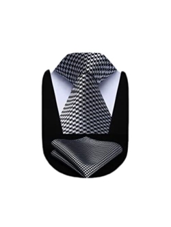 Extra Long Ties for Men Plaid Checkered Tie Handkerchief Woven Classic Silk Men's Necktie & Pocket Square Set