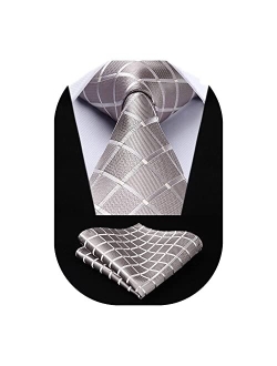 Extra Long Ties for Men Plaid Checkered Tie Handkerchief Woven Classic Silk Men's Necktie & Pocket Square Set