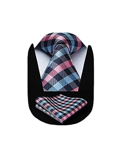 Extra Long Ties for Men Plaid Checkered Tie Handkerchief Woven Classic Silk Men's Necktie & Pocket Square Set