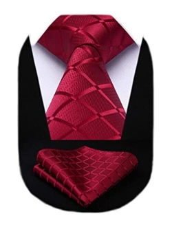 Extra Long Ties for Men Plaid Checkered Tie Handkerchief Woven Classic Silk Men's Necktie & Pocket Square Set