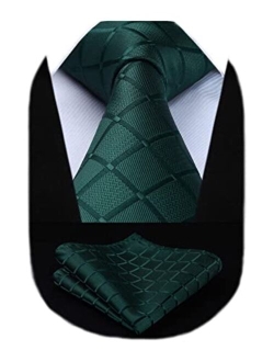 Extra Long Ties for Men Plaid Checkered Tie Handkerchief Woven Classic Silk Men's Necktie & Pocket Square Set