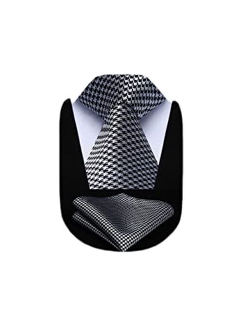 HISDERN Extra Long Ties for Men Plaid Checkered Tie Handkerchief Woven Classic Silk Men's Necktie & Pocket Square Set