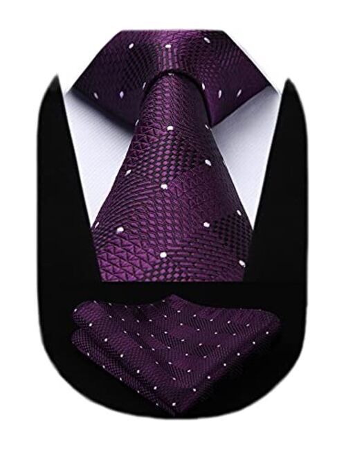 HISDERN Extra Long Ties for Men Plaid Checkered Tie Handkerchief Woven Classic Silk Men's Necktie & Pocket Square Set