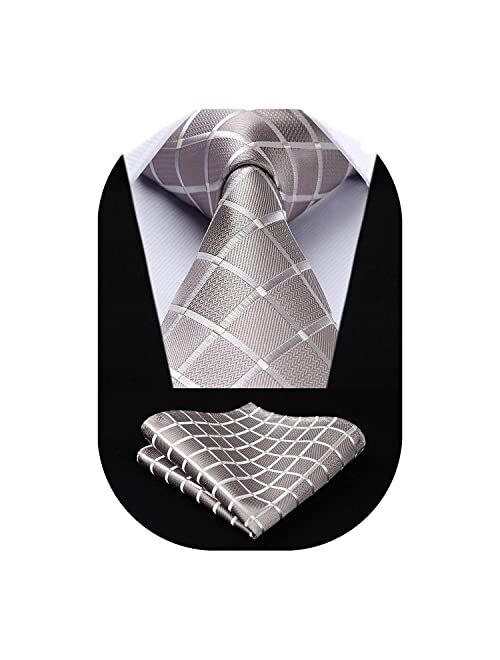 HISDERN Extra Long Ties for Men Plaid Checkered Tie Handkerchief Woven Classic Silk Men's Necktie & Pocket Square Set