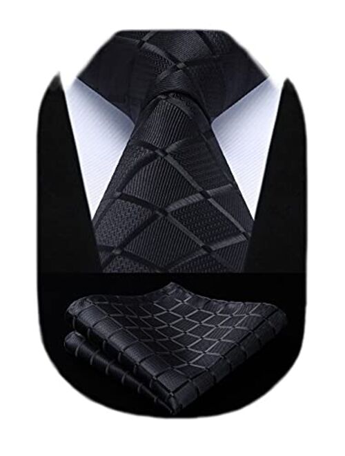 HISDERN Extra Long Ties for Men Plaid Checkered Tie Handkerchief Woven Classic Silk Men's Necktie & Pocket Square Set