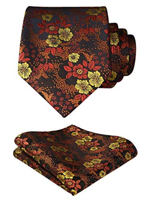 HISDERN Floral Tie for Men Handkerchief Woven Classic Flower Men's Necktie & Pocket Square Set