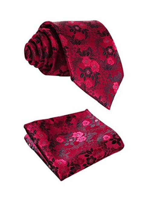 HISDERN Floral Tie for Men Handkerchief Woven Classic Flower Men's Necktie & Pocket Square Set