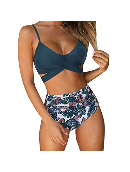 RUUHEE Women Criss Cross High Waisted String Floral Printed 2 Piece Bathing Suits