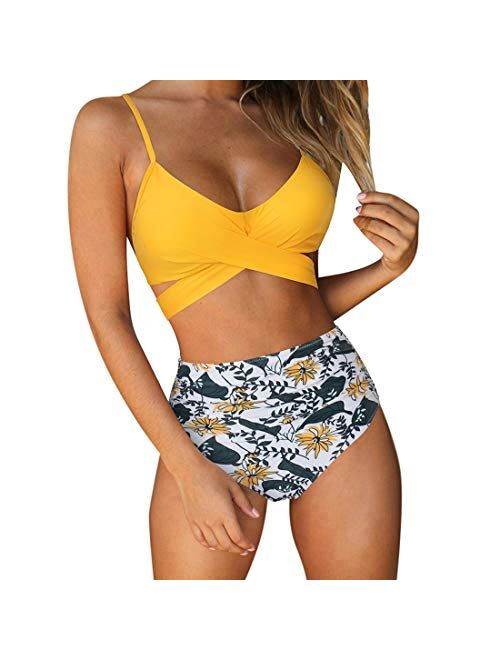 RUUHEE Women Criss Cross High Waisted String Floral Printed 2 Piece Bathing Suits