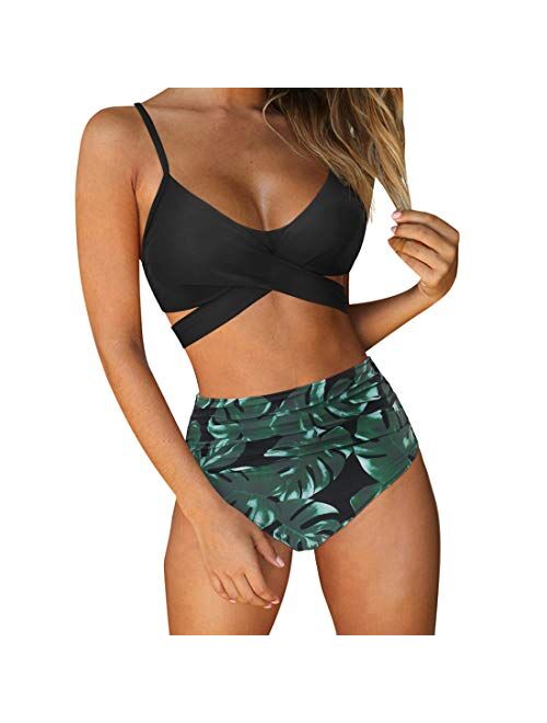 RUUHEE Women Criss Cross High Waisted String Floral Printed 2 Piece Bathing Suits