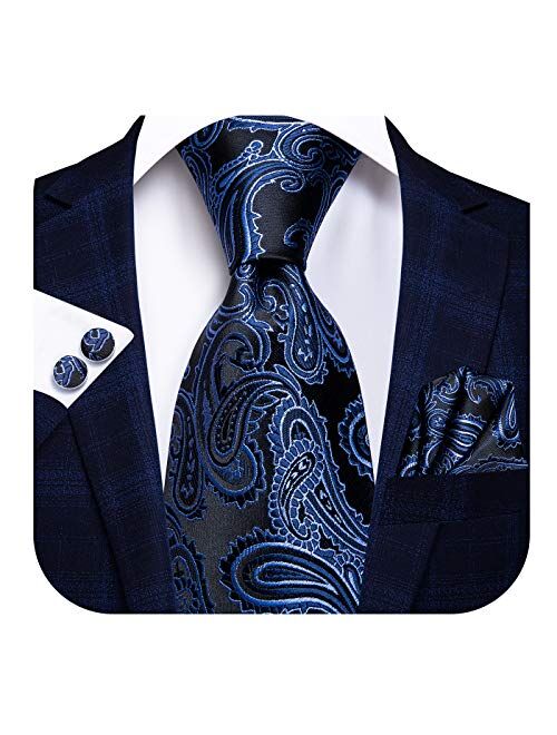 Hi-Tie Silk Paisely Necktie and Pocket Square Cufflinks Set