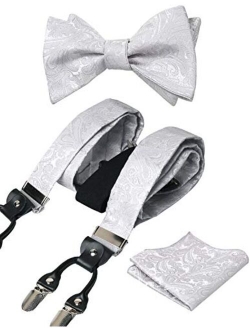 Alizeal Mens Adjustable Paisley Bow Tie, Pocket Square and Clips Suspenders