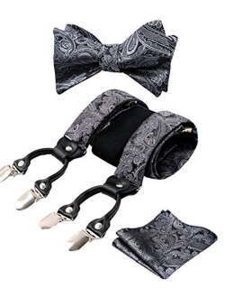 Alizeal Mens Adjustable Paisley Bow Tie, Pocket Square and Clips Suspenders