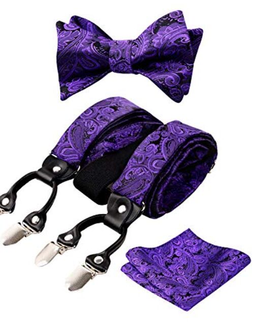 Alizeal Mens Adjustable Paisley Bow Tie, Pocket Square and Clips Suspenders