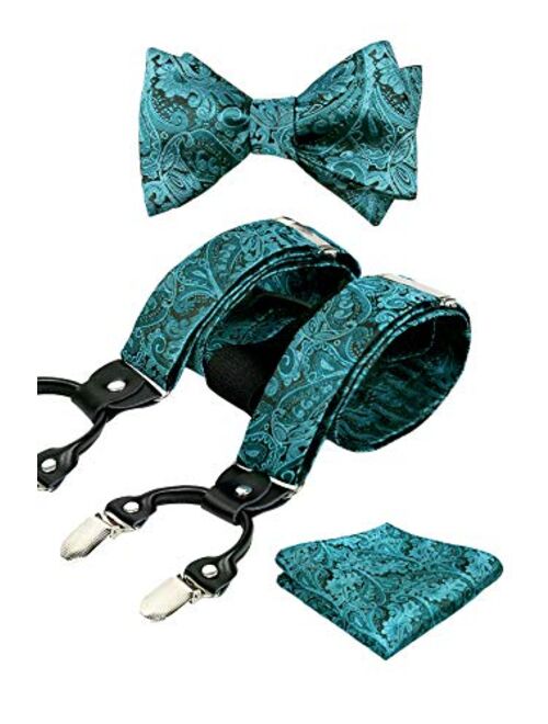 Alizeal Mens Adjustable Paisley Bow Tie, Pocket Square and Clips Suspenders