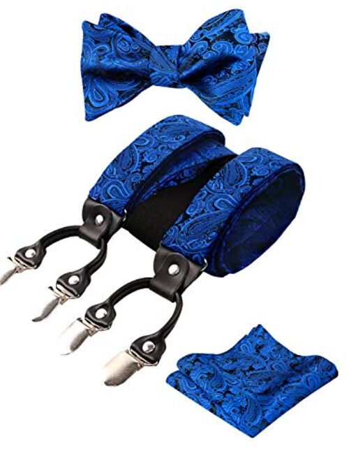 Alizeal Mens Adjustable Paisley Bow Tie, Pocket Square and Clips Suspenders