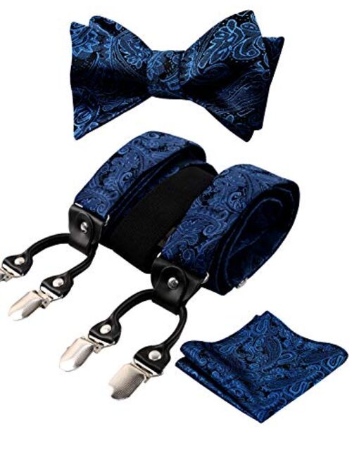 Alizeal Mens Adjustable Paisley Bow Tie, Pocket Square and Clips Suspenders