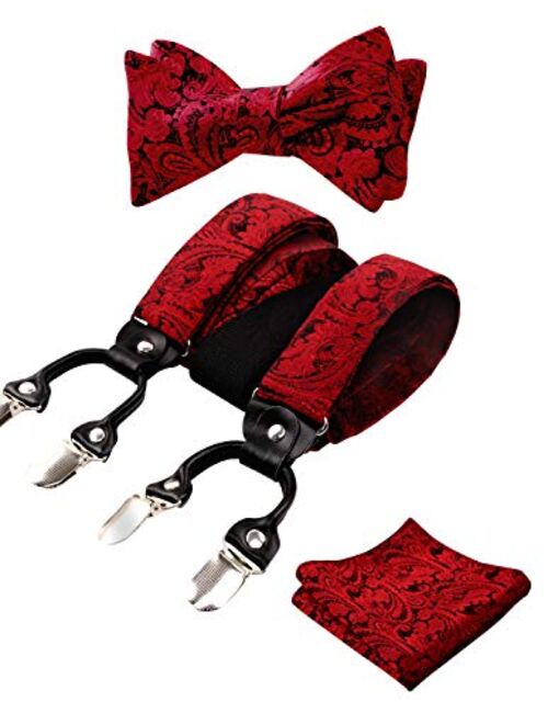 Alizeal Mens Adjustable Paisley Bow Tie, Pocket Square and Clips Suspenders