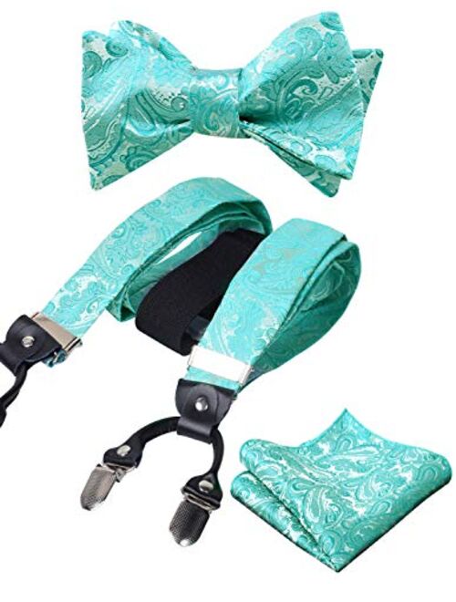 Alizeal Mens Adjustable Paisley Bow Tie, Pocket Square and Clips Suspenders