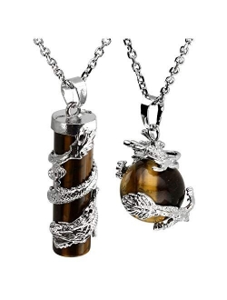 Jovivi 2pc Dragon Wrapped Round Ball Cylinder Gemstone Healing Crystal Pendant Necklaces Set