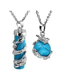 Jovivi 2pc Dragon Wrapped Round Ball Cylinder Gemstone Healing Crystal Pendant Necklaces Set