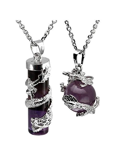 Jovivi 2pc Dragon Wrapped Round Ball Cylinder Gemstone Healing Crystal Pendant Necklaces Set