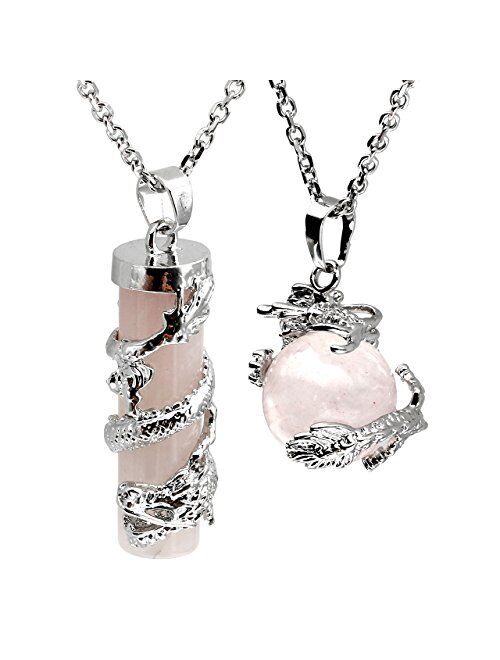 Jovivi 2pc Dragon Wrapped Round Ball Cylinder Gemstone Healing Crystal Pendant Necklaces Set