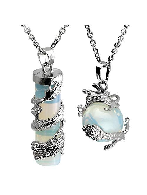 Jovivi 2pc Dragon Wrapped Round Ball Cylinder Gemstone Healing Crystal Pendant Necklaces Set