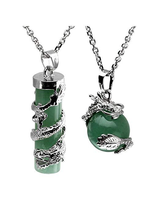 Jovivi 2pc Dragon Wrapped Round Ball Cylinder Gemstone Healing Crystal Pendant Necklaces Set