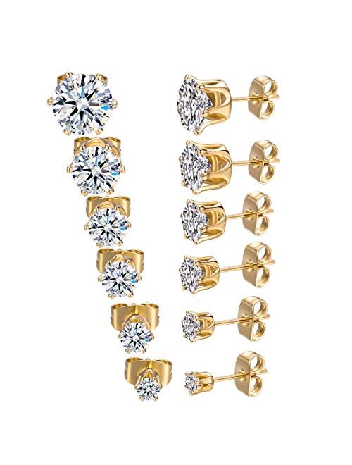 GEMSME 18K Yellow Gold Plated Round Cubic Zirconia Stud Earrings Pack of 6