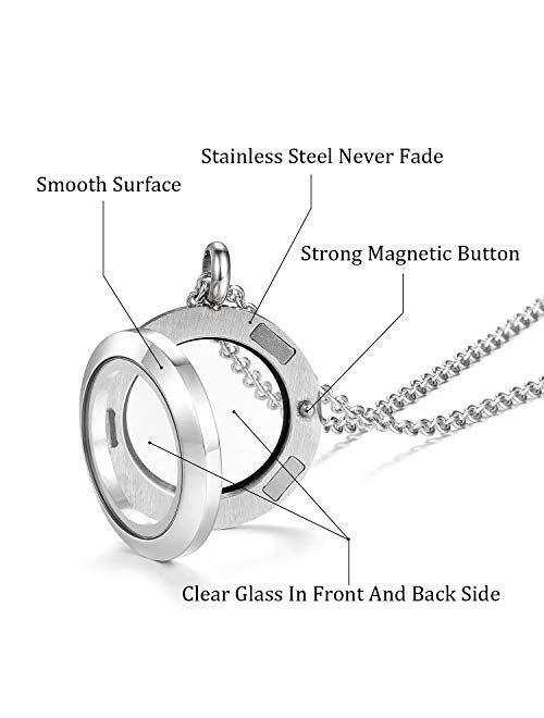 EVERLEAD Living Memory Floating Round Locket Pendant Charms Necklace 316L Stainless Steel Toughened Glass Free Chain and Zircon