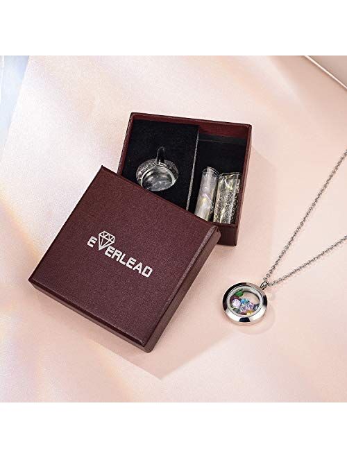 EVERLEAD Living Memory Floating Round Locket Pendant Charms Necklace 316L Stainless Steel Toughened Glass Free Chain and Zircon