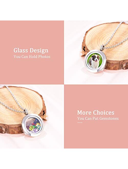 EVERLEAD Living Memory Floating Round Locket Pendant Charms Necklace 316L Stainless Steel Toughened Glass Free Chain and Zircon