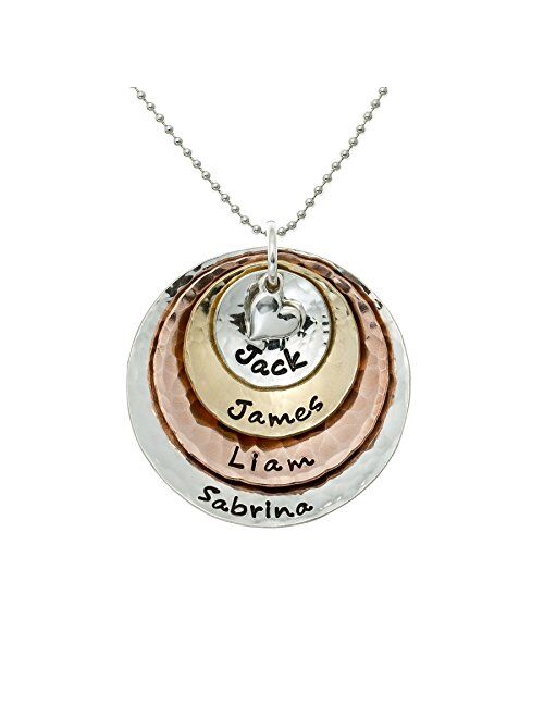 AJ's Collection My Four Treasures Personalized Necklace with 4 Customizable Discs in Sterling Silver, 14k Gold Plate and Rose Gold Plate with a 925 Heart Charm