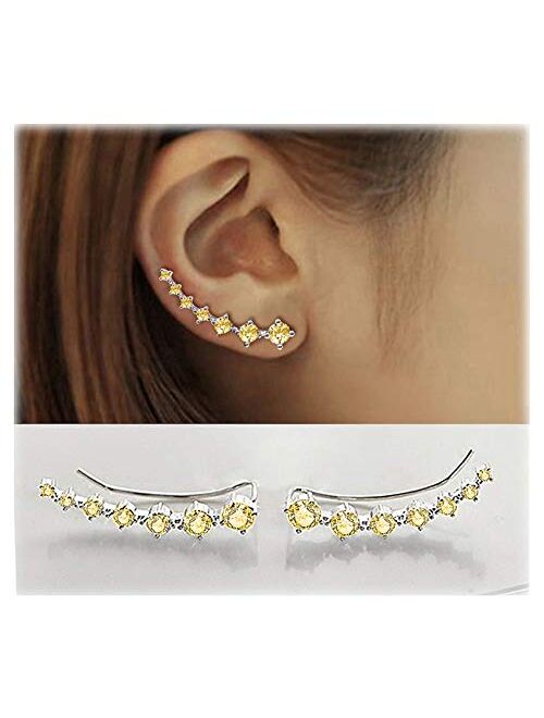 7 Crystals Ear Cuffs Hoop Climber S925 Sterling Silver Earrings Hypoallergenic Earring