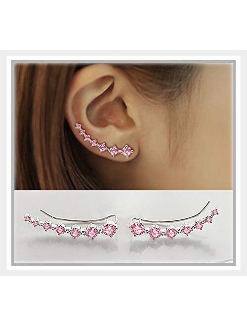 7 Crystals Ear Cuffs Hoop Climber S925 Sterling Silver Earrings Hypoallergenic Earring