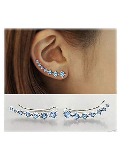 7 Crystals Ear Cuffs Hoop Climber S925 Sterling Silver Earrings Hypoallergenic Earring