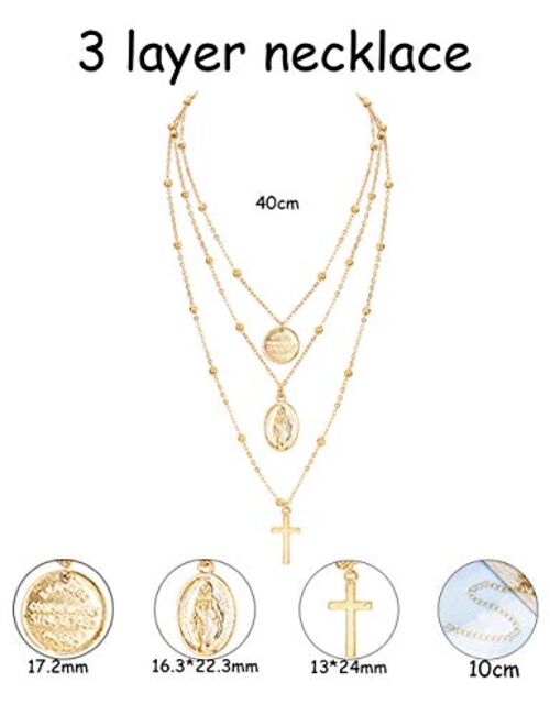 ORAZIO 2PCS Layered Choker Necklaces for Women Tag Coin Cross Crucifix Blessed Virgin Mary Pendant Necklace Chain Silver Tone Gold Tone