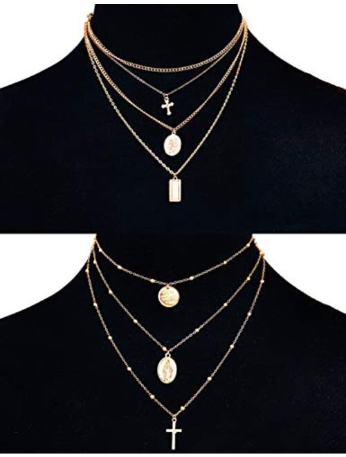 ORAZIO 2PCS Layered Choker Necklaces for Women Tag Coin Cross Crucifix Blessed Virgin Mary Pendant Necklace Chain Silver Tone Gold Tone