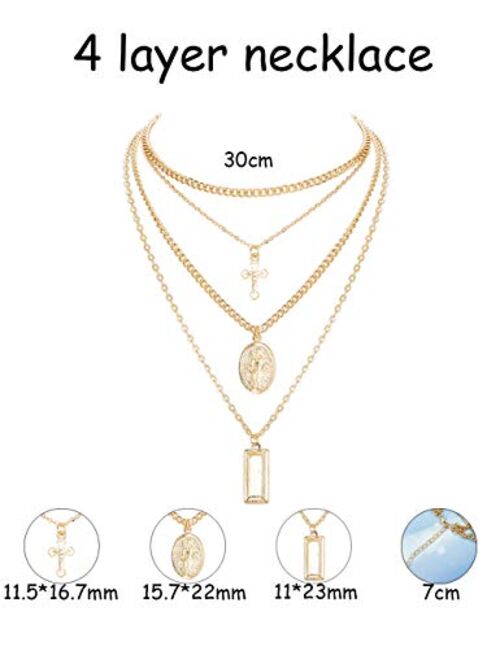 ORAZIO 2PCS Layered Choker Necklaces for Women Tag Coin Cross Crucifix Blessed Virgin Mary Pendant Necklace Chain Silver Tone Gold Tone