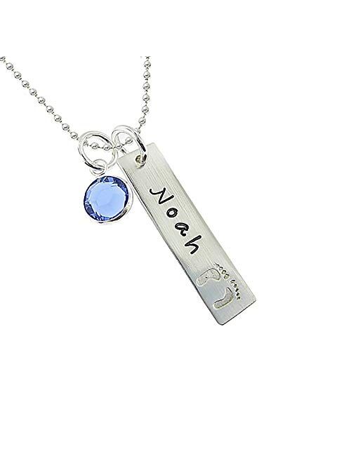 My Tiny Prints Personalized Sterling Silver Name Necklace. Customize with Child's Name, Engraved with Solid Baby Feet. Add Your Choice of Birthstone and Sterling Silver C