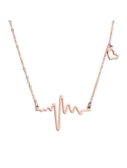 ELBLUVF 18k Rose Gold Plated Stainless Steel EKG Heartbeat Love Cardiogram Necklace Jewelry for Women