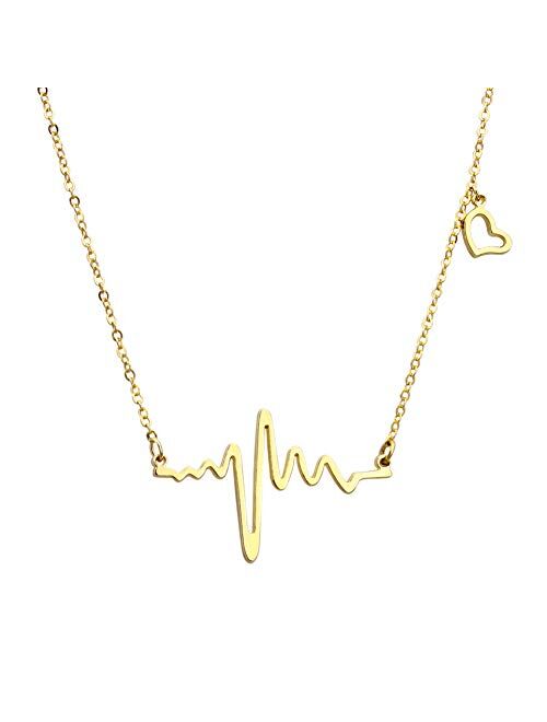 ELBLUVF 18k Rose Gold Plated Stainless Steel EKG Heartbeat Love Cardiogram Necklace Jewelry for Women