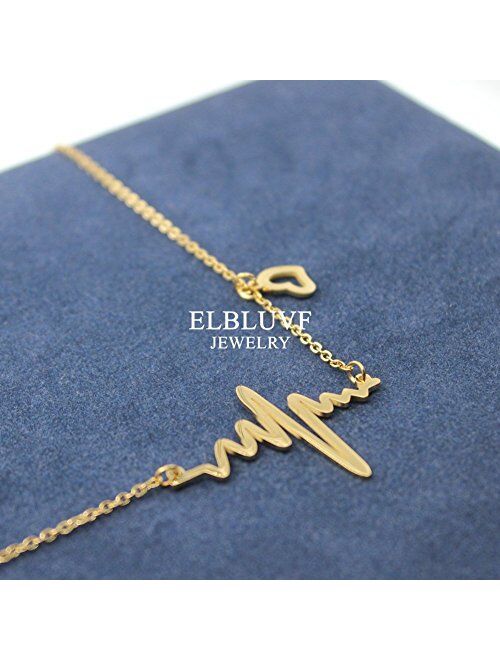 ELBLUVF 18k Rose Gold Plated Stainless Steel EKG Heartbeat Love Cardiogram Necklace Jewelry for Women