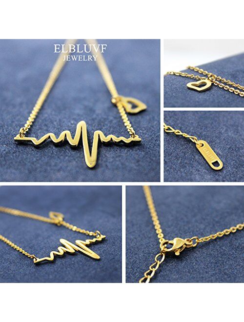 ELBLUVF 18k Rose Gold Plated Stainless Steel EKG Heartbeat Love Cardiogram Necklace Jewelry for Women