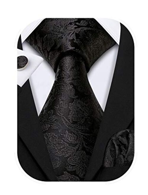 Barry.Wang Flower Ties for Men Handkerchief Cufflinks Set Wedding Necktie Set