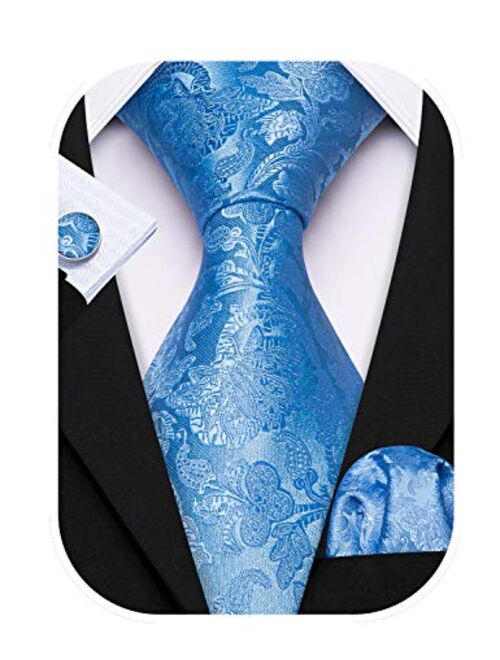 Barry.Wang Flower Ties for Men Handkerchief Cufflinks Set Wedding Necktie Set