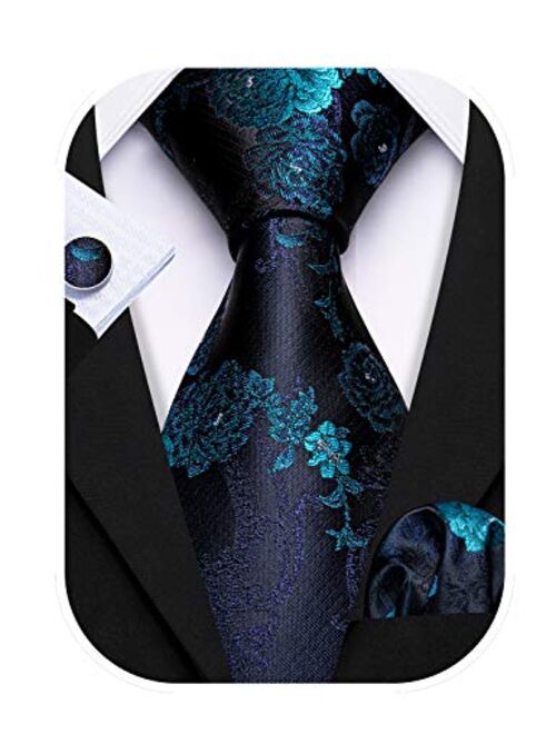 Barry.Wang Flower Ties for Men Handkerchief Cufflinks Set Wedding Necktie Set