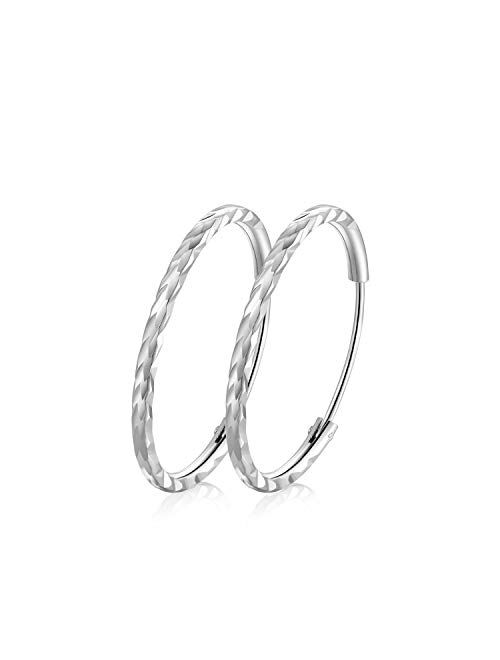 T400 925 Sterling Silver Hoops 2mm Diamond Cut Round Circle Lightweight Hoop Earrings Small and Large 25 35 45 55 65 70 mm Gift for Women Girls